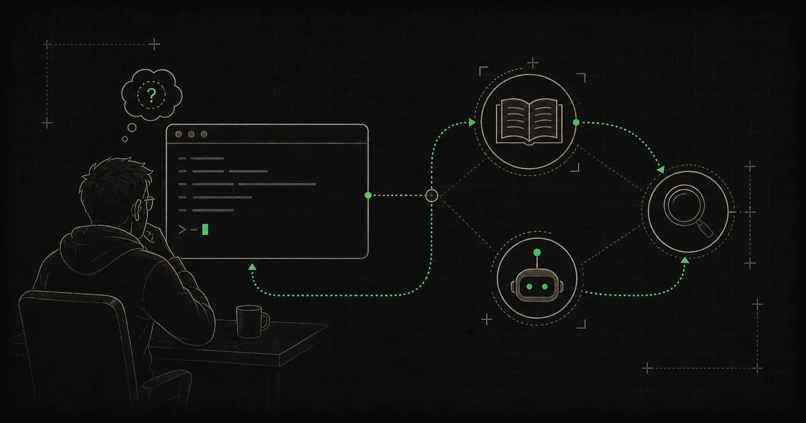 A Linux user at a terminal connected by a green path to a manual, search tool, and AI assistant.